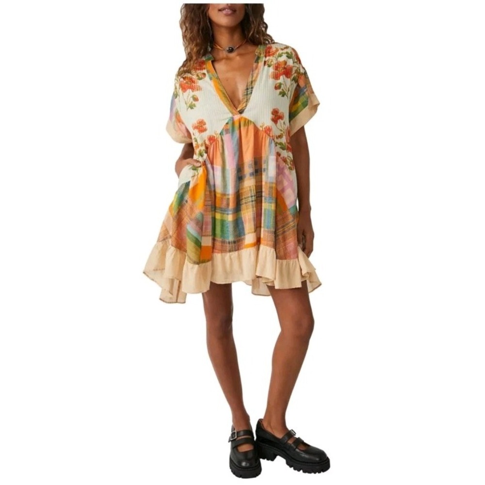Free People Agnes Dress Patchwork Floral Plaid Swingy Ruffled Hem Mini Size M